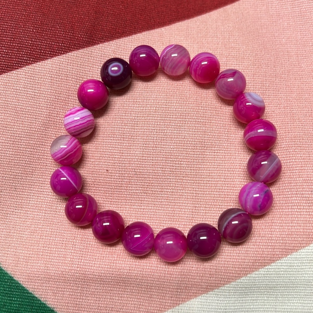 Rose Pink Agate Natural Stone 10mm Beads Stretchable Bracelet 7" - Best Gift